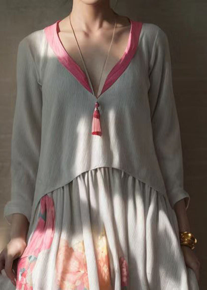 Loose Apricot Patchwork Fake Two Piece Silk Holiday Maxi Dress Long Sleeve