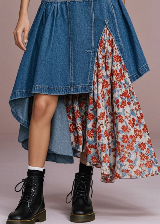 Navy Asymmetrical Patchwork Print Denim Skirt Spring