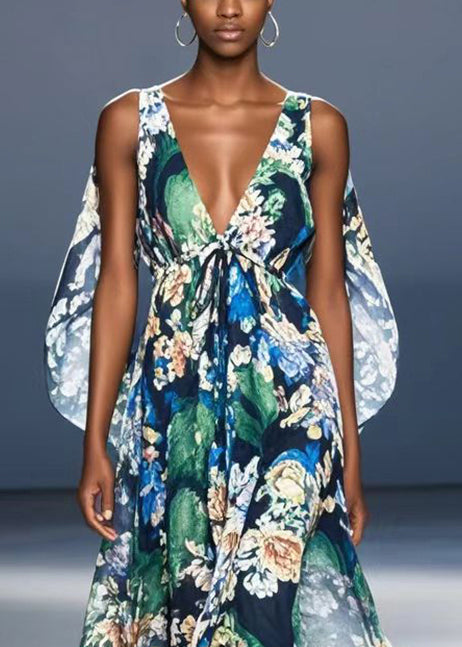 Black V Neck Print Chiffon Vacation Dresses Summer