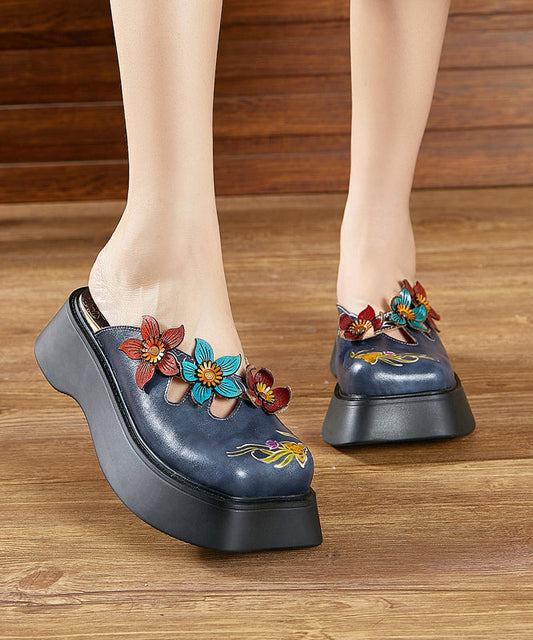 Handmade Splicing Platform Blue Cowhide Leather Slide Sandals