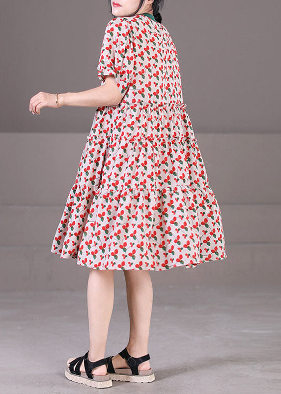 Red O-neck Patchwork Print Cotton a Line Dress Short Sleeve