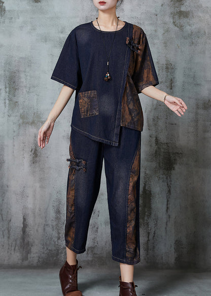 Navy Asymmetrical Patchwork Denim Two Piece Set Spring