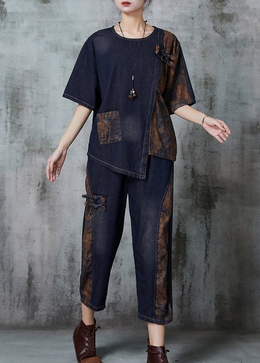 Navy Asymmetrical Patchwork Denim Two Piece Set Spring