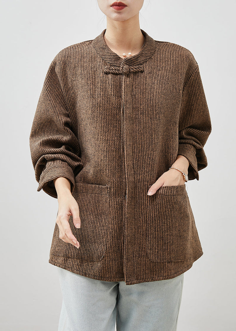 Brown Chinese Button Pockets Cotton Coats Spring
