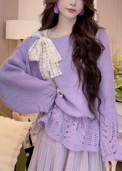 Yellow Hollow Out Bow Knit Sweaters Fall