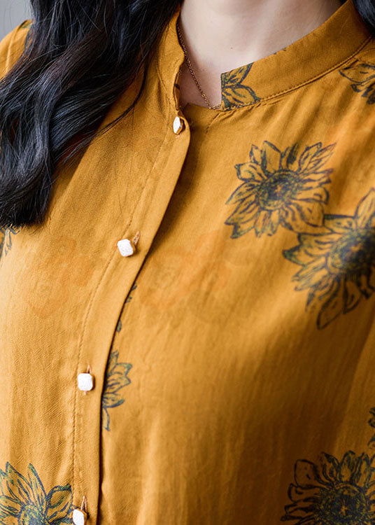 Yellow Stand Collar Wrinkled Patchwork Print Silk Shirt Top Bracelet Sleeve