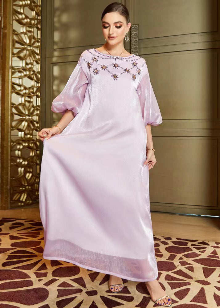 Light Purple O-neck Zircon Tulle Holiday Long Dress Lantern Sleeve