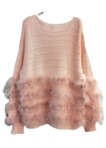 French White O-neck Rabbit Hair Patchwork Cotton Knit Top Fall