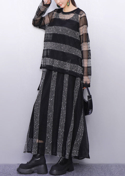 Heer Elegance Black and Silver Striped Knit Two Pieces Set