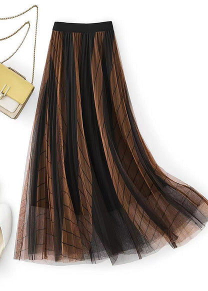 Coffee Gradient Elastic Waist Pleated Skirt Spring