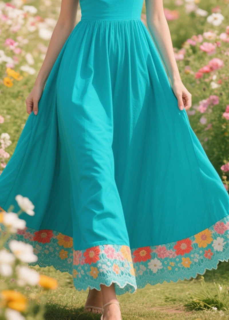 Blue Patchwork Exra Large Hem Cotton Long Dresses Summer