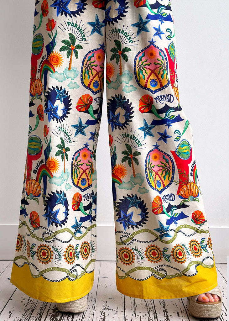 New Pink Print Shirts and Wide Leg Pants Two Pieces Set Summer