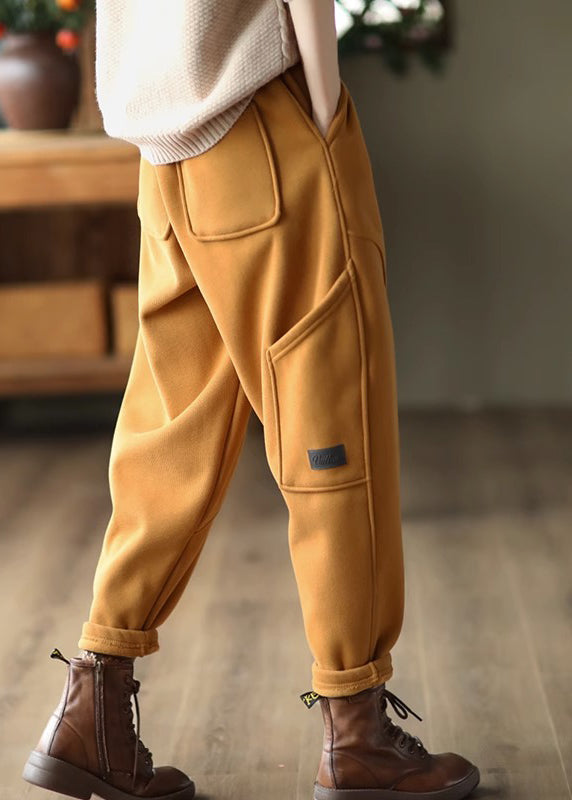 Yellow Pockets Patchwork Elastic Waist Warm Fleece Pants Spring