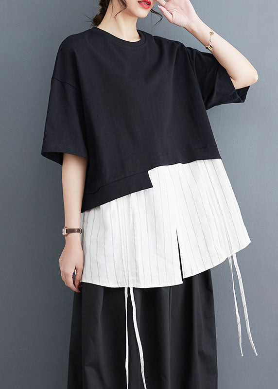 Black Striped Patchwork Fake Two Pieces Top Short Sleeve