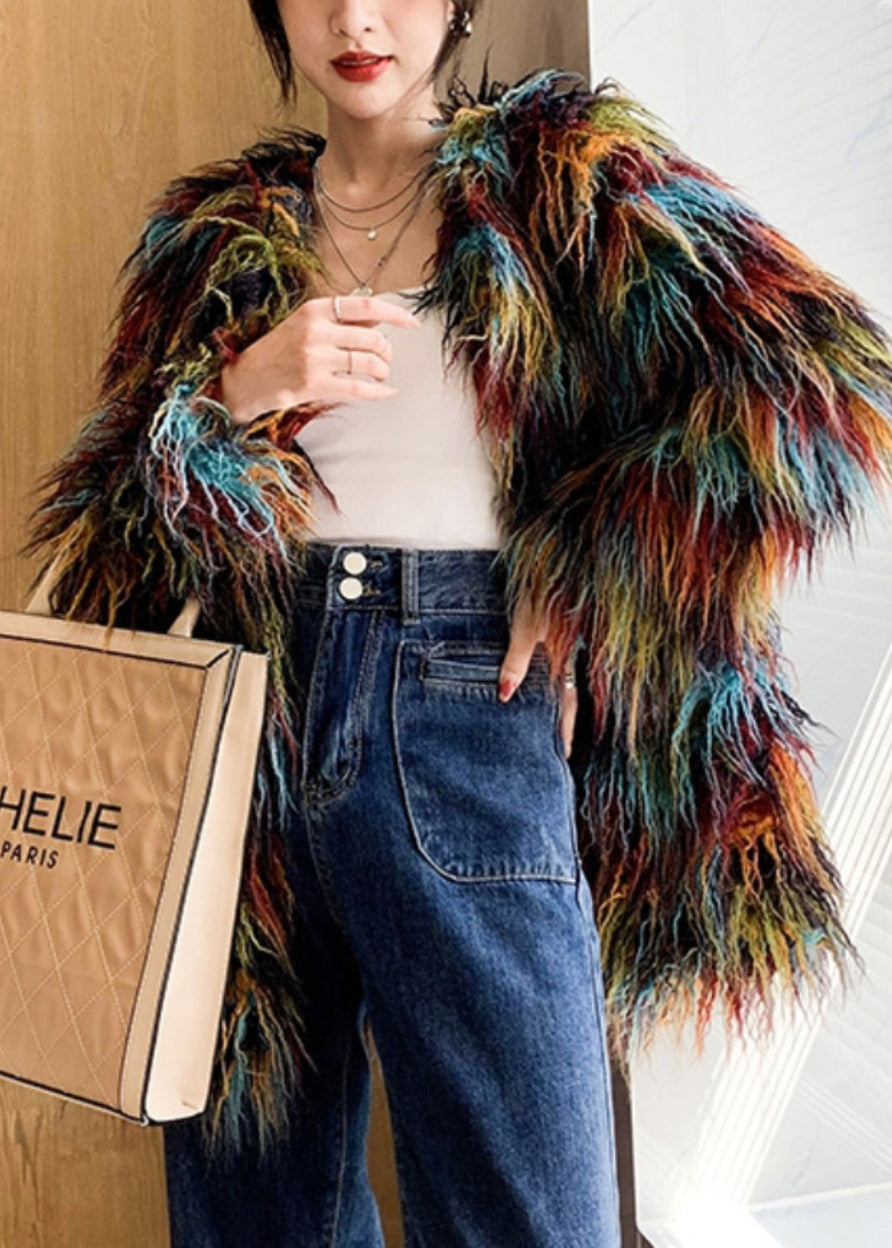 Multicolour Oversized Warm Fuzzy Fur Fluffy Coat Winter