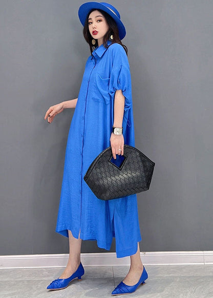 Baggy Blue Peter Pan Collar Oversized Cotton and Linen Shirt Dress Short Sleeve