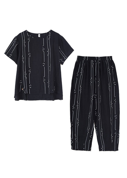 Black Low High Design Top and Harem Pants Two Piece Set Short Sleeve