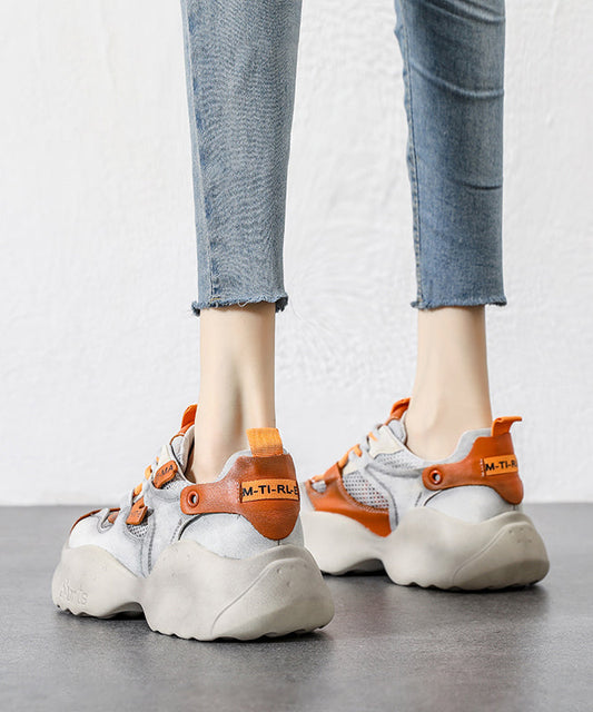 Handmade Orange Cowhide Leather Lace Up High Wedge Heels Shoes