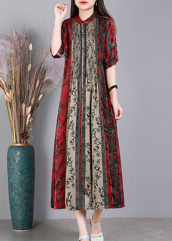 Loose Black O-neck Print Patchwork Wrinkled Silk Party Dress Short Sleeve