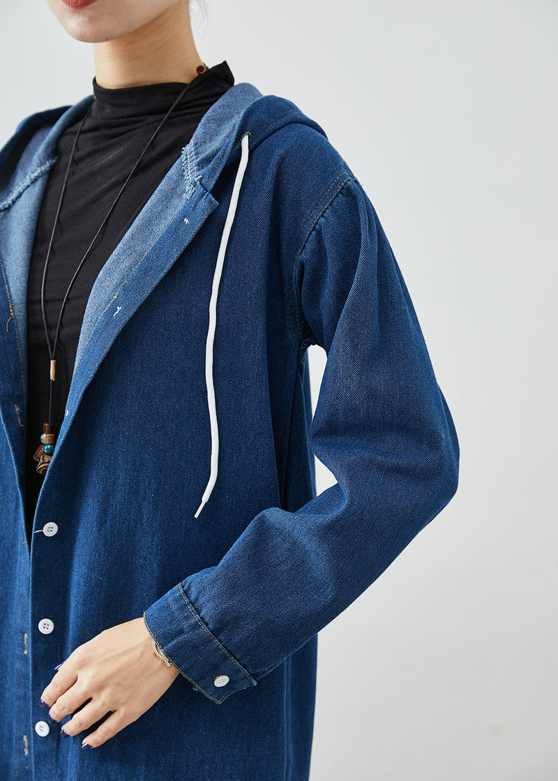 Classy Navy Hooded Drawstring Denim Coat Outwear Fall