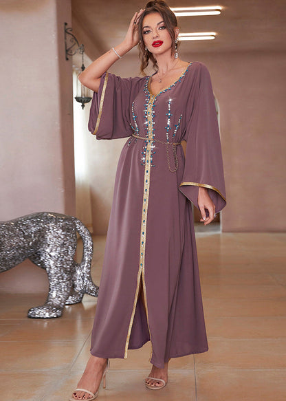 Purple Lace Patchwork Chiffon Robe Dresses Long Sleeve