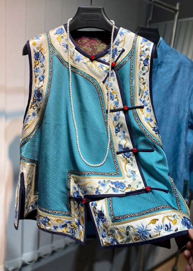 Loose Blue O-neck Embroideried Patchwork Silk Waistcoat Fall