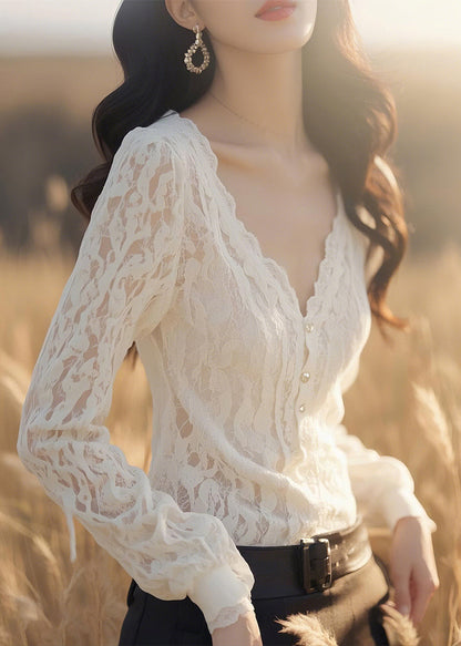 Slim Fit White V Neck Button Lace Blouses Fall