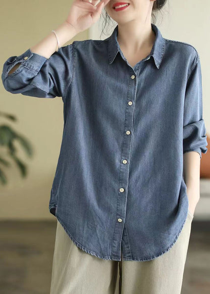 Denim Blue Peter Pan Collar Patchwork Button Shirt Long Sleeve