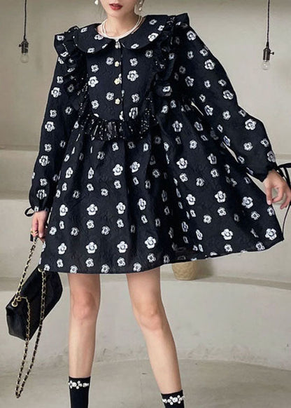 Black Print Ruffled Mini Dress Spring