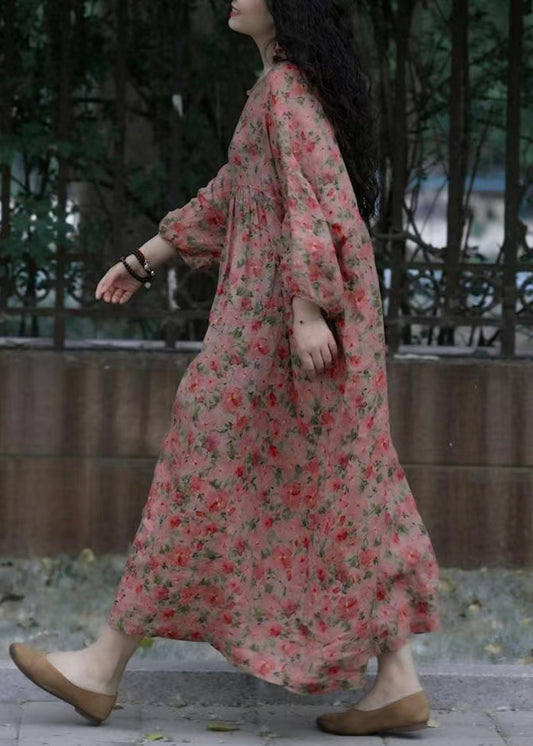 French O-neck Print Wrinkled Cotton Dresses Spring