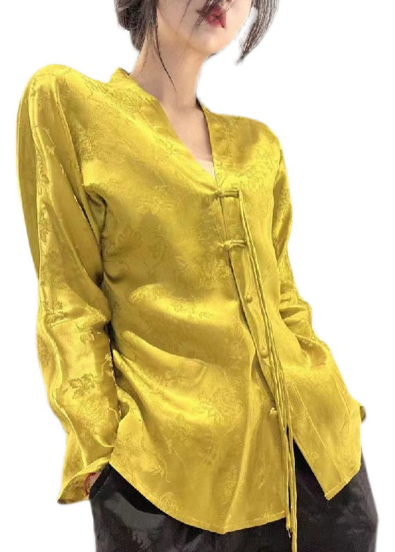 Chinese Style Yellow V Neck Jacquard Silk Shirt Tops Long Sleeve