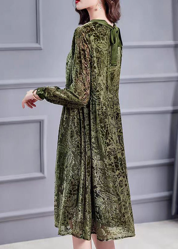 Jacquard Army Green O-neck Lace Up Silk Velour Dress Long Sleeve