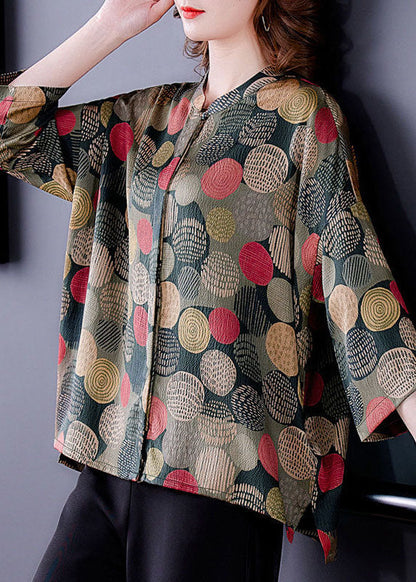 Colorblock O-neck Dot Print Silk Shirt Tops Bracelet Sleeve
