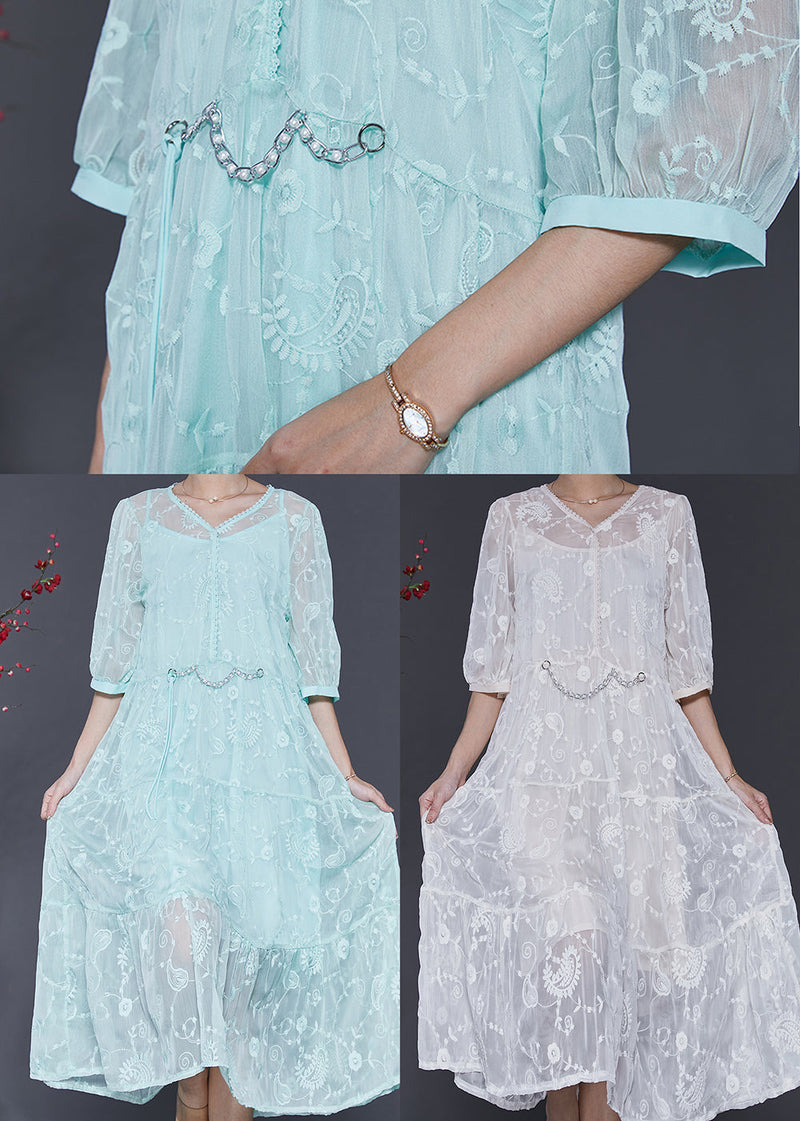 Blue Embroidered Silk Long Dress Half Sleeve