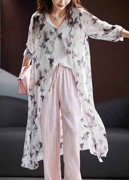 Organic Grey O Neck Print Chiffon Upf 50+ Coat Summer