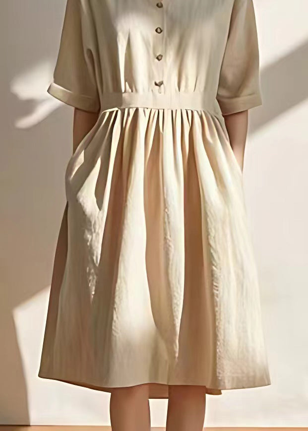 Beige V Neck Pockets Wrinkled Linen Dresses Summer