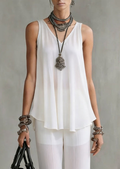Boutique White V Neck Tops and Wide Leg Pants Chiffon Two Pieces Set Summer