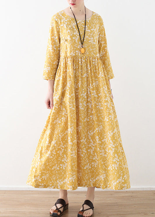 Original Yellow O-neck Wrinkled Print Loose Dresses Three Quarter Sleeve