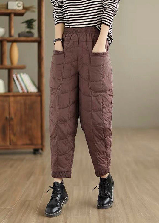 Coffee Plaid Thick Cotton Filled Pants Elastic Waist Winter