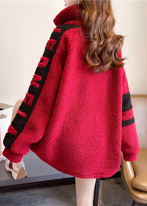 Handmade Red Stand Collar Pockets Patchwork Graphic Embroideried Zippered Faux Fur Sweatshirts Winter