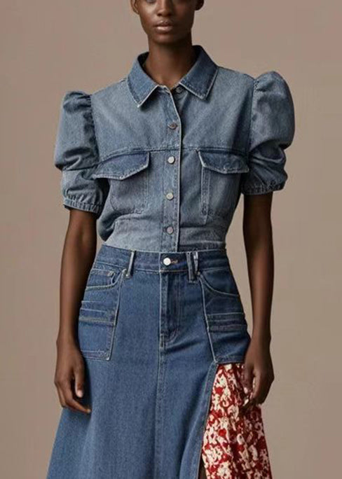 Blue Asymmetrical Patchwork Print Denim Skirt Spring