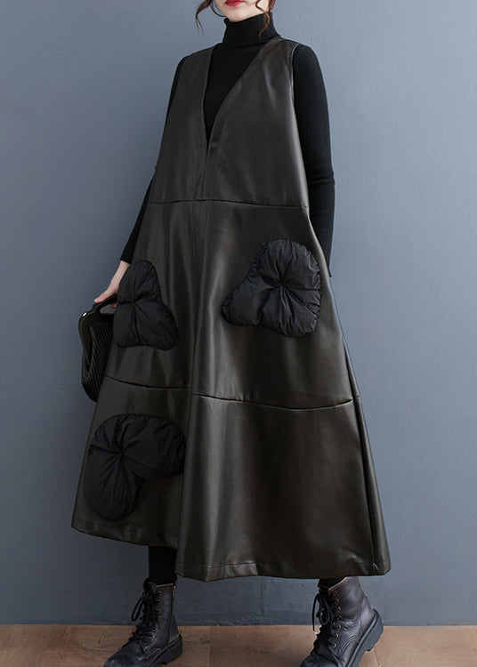 Black V Neck Stereoscopic Faux Leather Long Dress Winter
