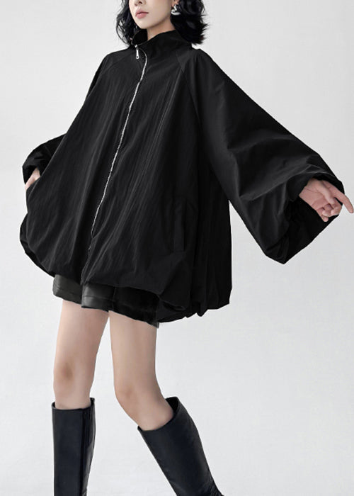 Black Zip Up Pockets Cotton Coats Fall