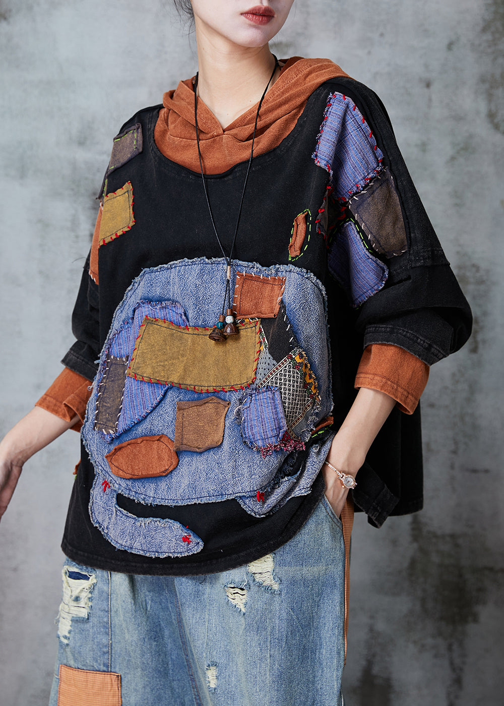 Black Hooded Patchwork Applique Cotton Pullover Sweatshirt Spring