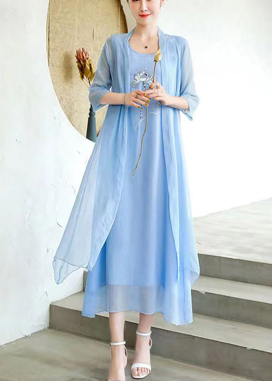 Loose Red O Neck Embroidered Chiffon Two Pieces Set Half Sleeve