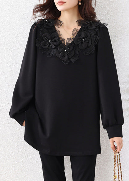 Loose Black V Neck Nail Bead Cotton Sweatshirts Fall