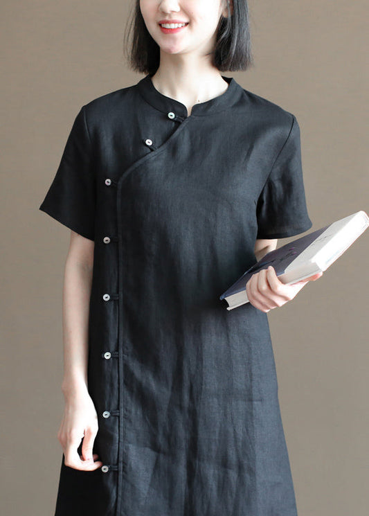 Black Mandarin Collar Button Linen a Line Dresses Short Sleeve