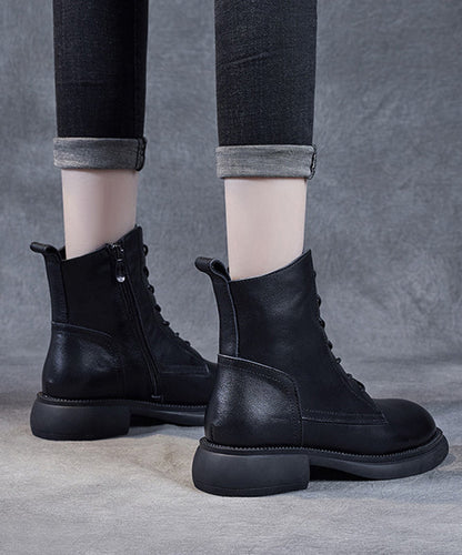 Black Lace Up Warm Fleece Cowhide Leather Ankle Boots
