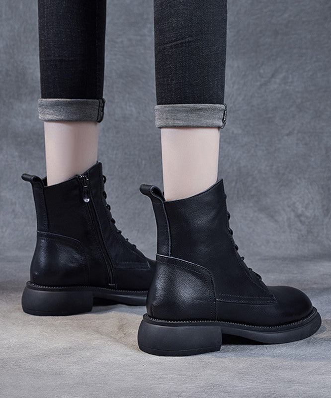 Black Lace Up Warm Fleece Cowhide Leather Ankle Boots