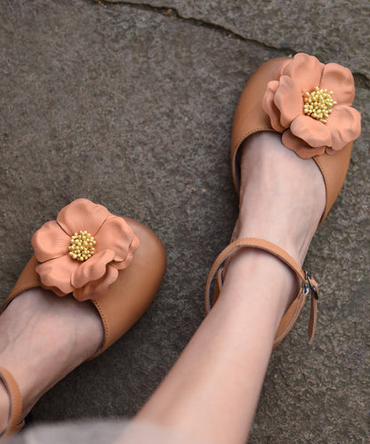 Orange Flat Sandals Cowhide Leather Comfy Splicing